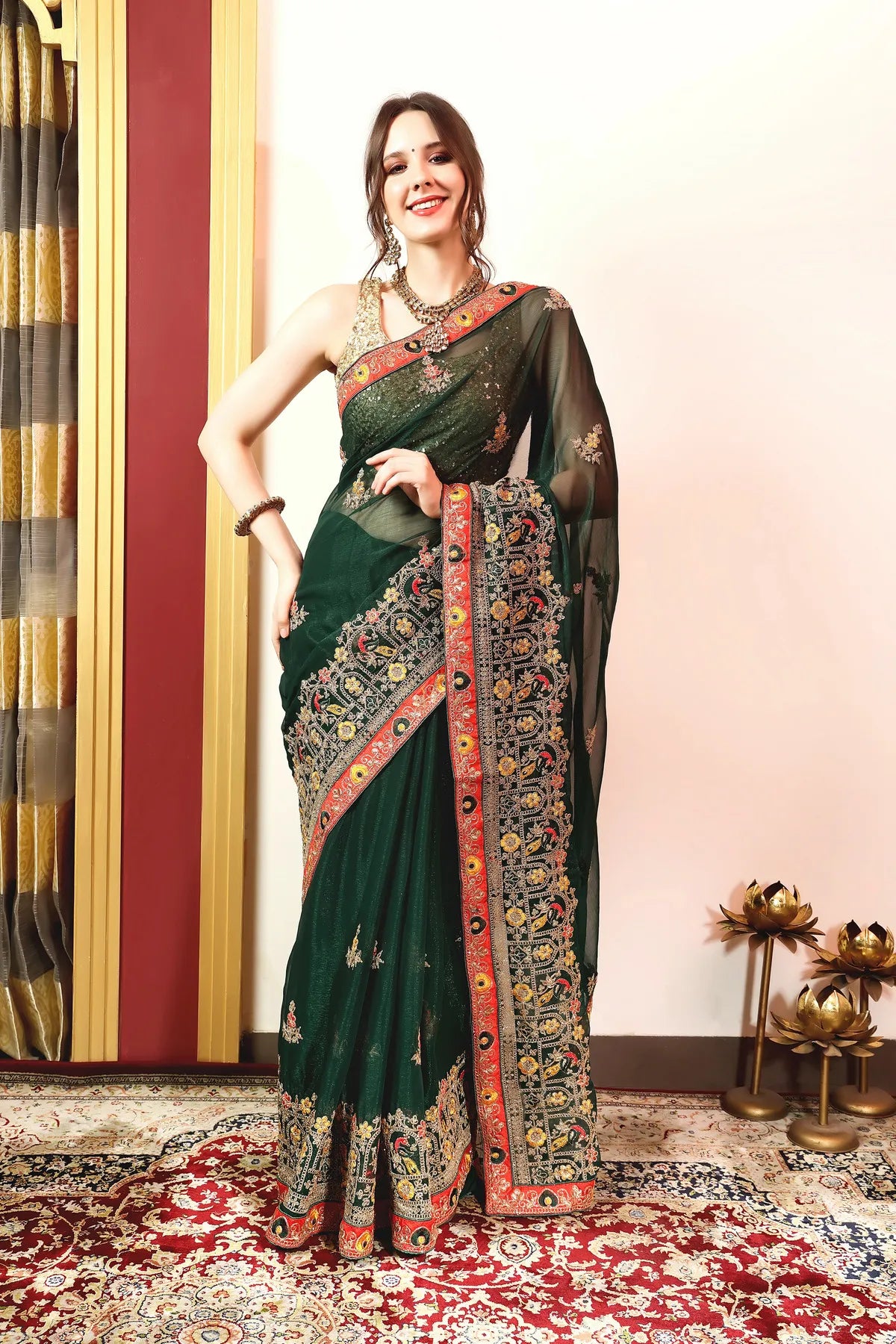 Enchanted Sparkle  Shimmer Chiffon Sarees (A) SAREE D14-Green