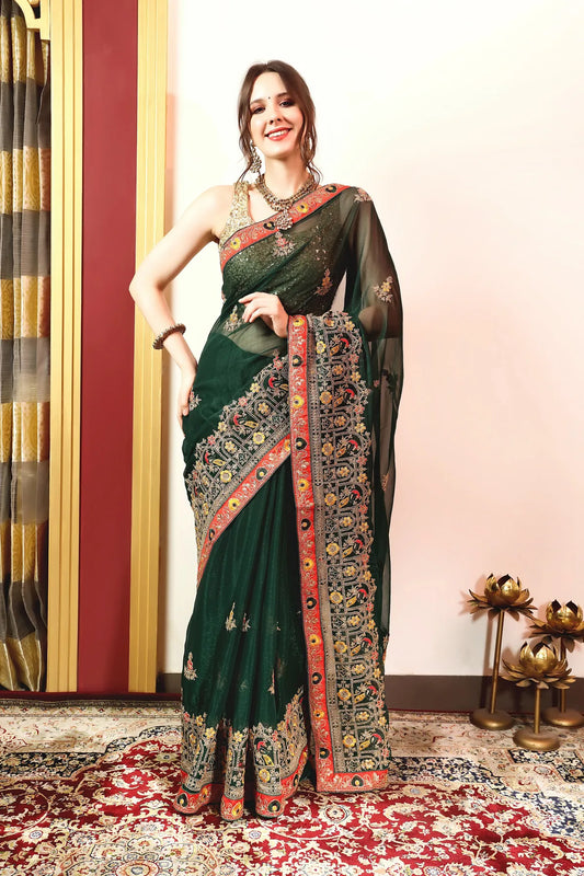 Enchanted Sparkle  Shimmer Chiffon Sarees (A) SAREE D14-Green
