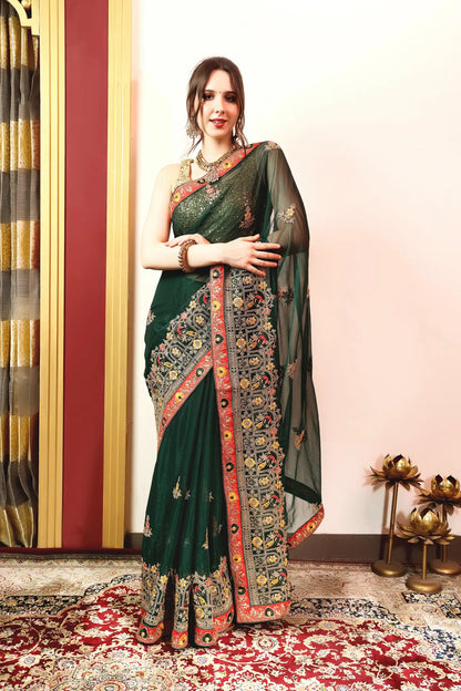 Enchanted Sparkle  Shimmer Chiffon Sarees (A) SAREE D14-Green