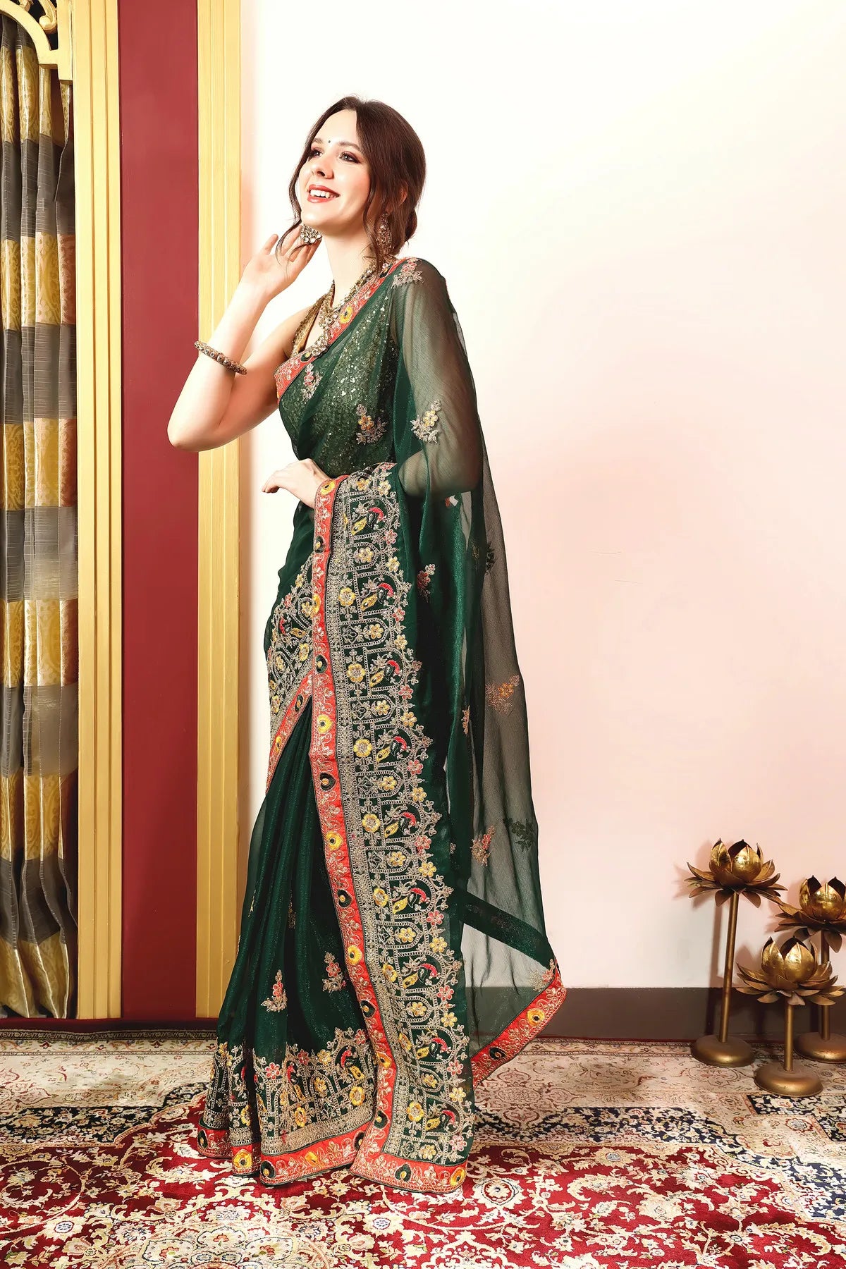 Enchanted Sparkle  Shimmer Chiffon Sarees (A) SAREE D14-Green