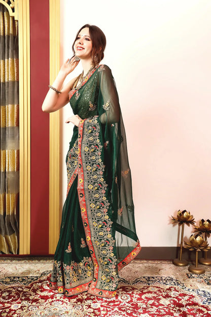 Enchanted Sparkle  Shimmer Chiffon Sarees (A) SAREE D14-Green