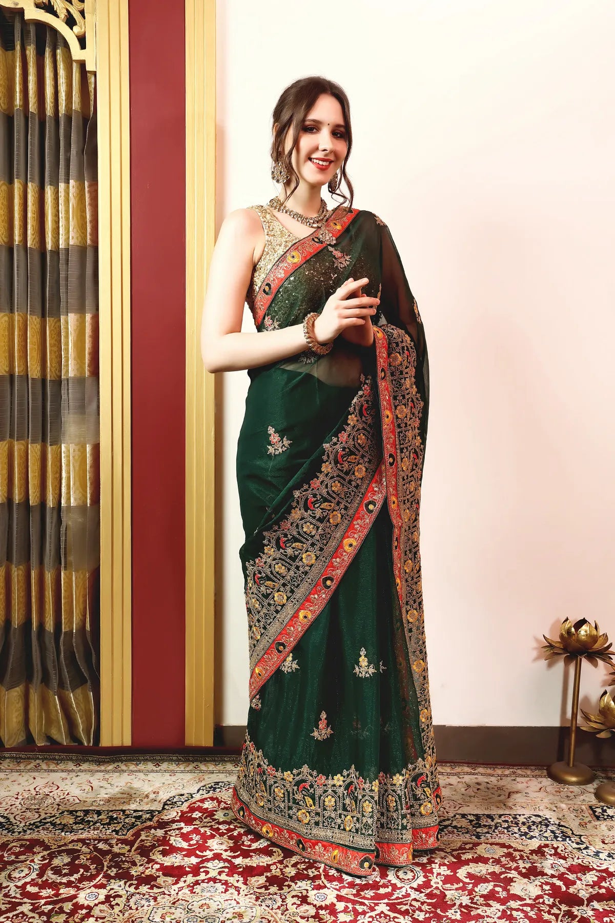 Enchanted Sparkle  Shimmer Chiffon Sarees (A) SAREE D14-Green