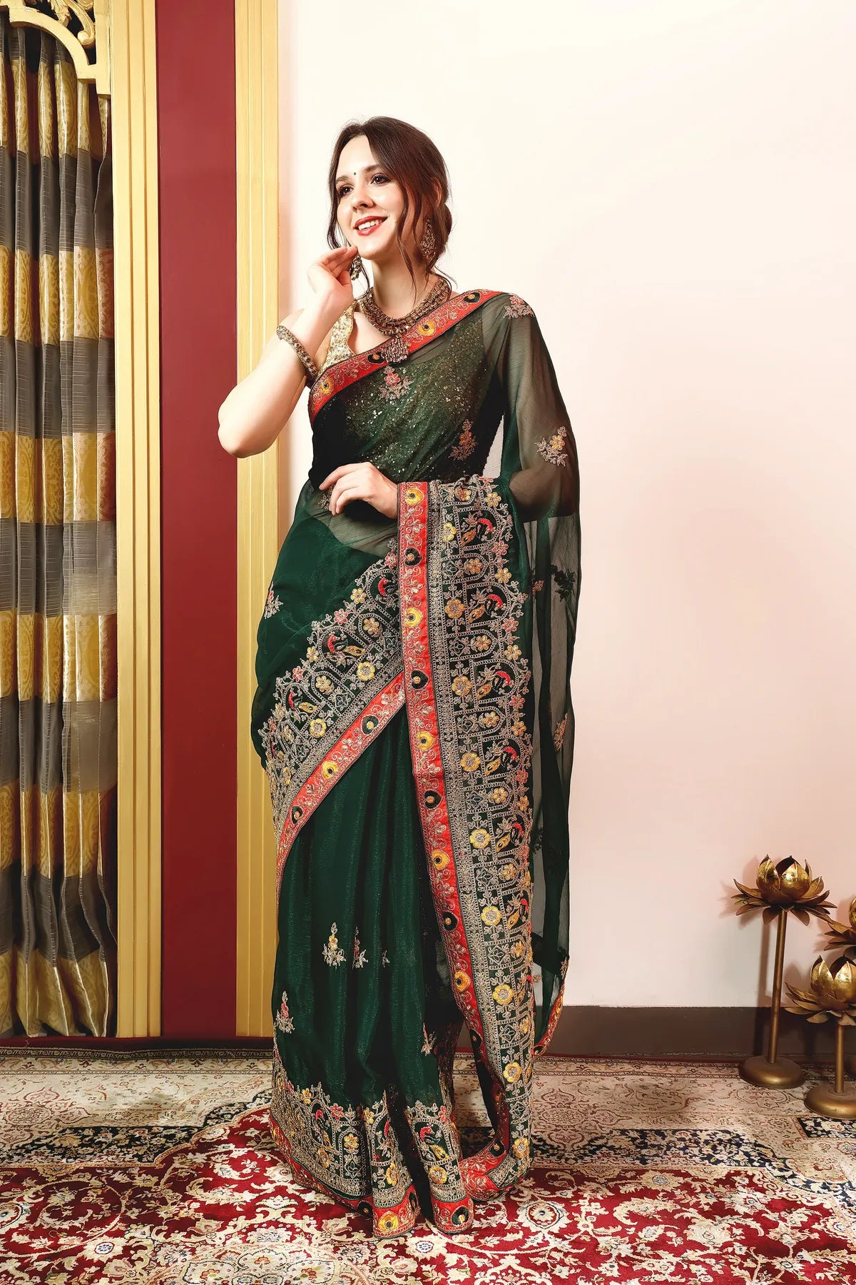 Enchanted Sparkle  Shimmer Chiffon Sarees (A) SAREE D14-Green
