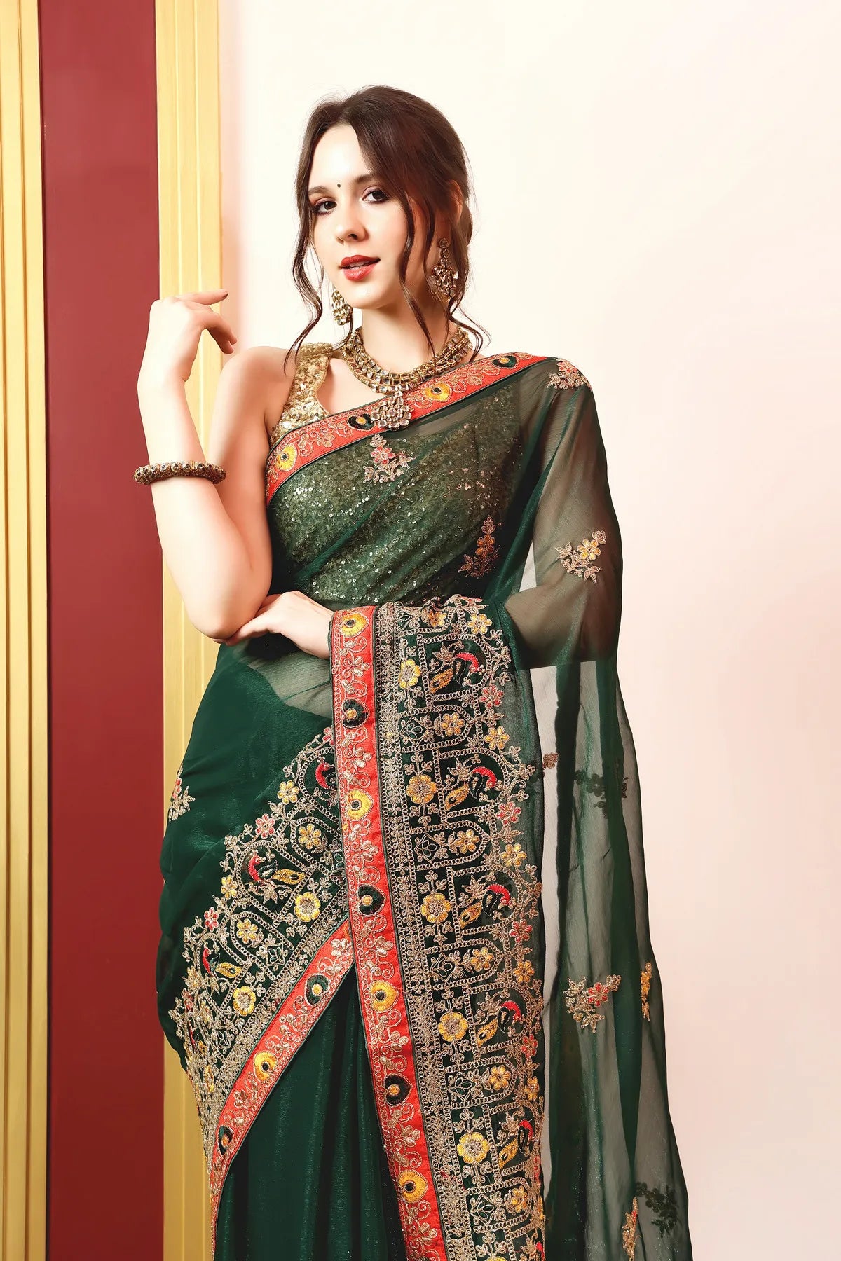 Enchanted Sparkle  Shimmer Chiffon Sarees (A) SAREE D14-Green