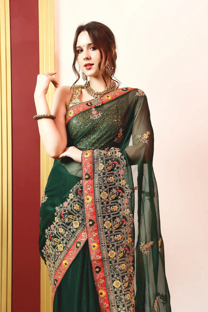Enchanted Sparkle  Shimmer Chiffon Sarees (A) SAREE D14-Green