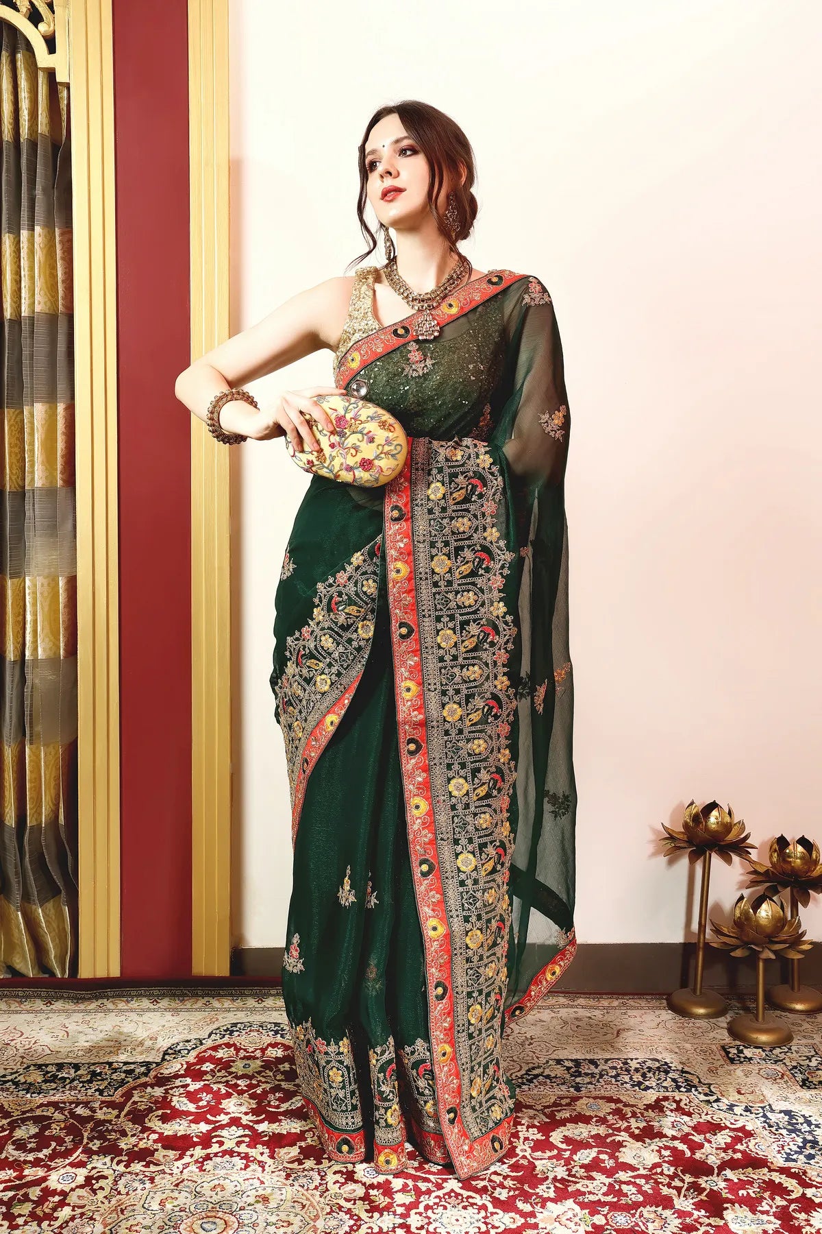 Enchanted Sparkle  Shimmer Chiffon Sarees (A) SAREE D14-Green
