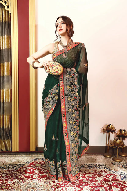 Enchanted Sparkle  Shimmer Chiffon Sarees (A) SAREE D14-Green