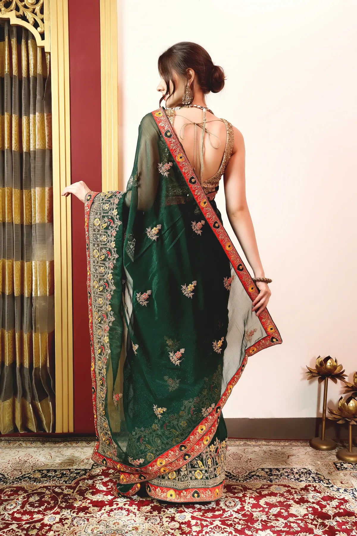 Enchanted Sparkle  Shimmer Chiffon Sarees (A) SAREE D14-Green