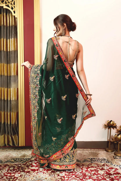 Enchanted Sparkle  Shimmer Chiffon Sarees (A) SAREE D14-Green