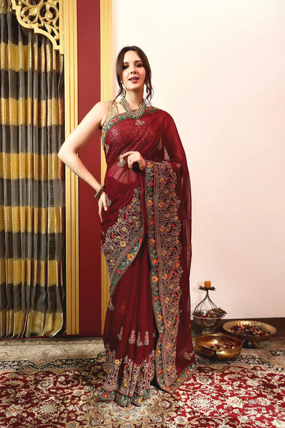 Enchanted Sparkle  Shimmer Chiffon Sarees (A) SAREE D14-Purple