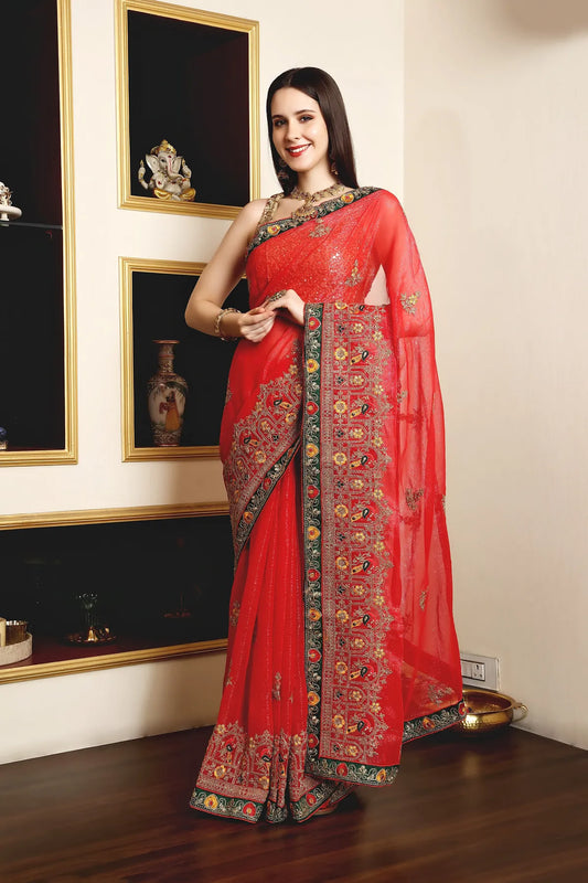 Enchanted Sparkle  Shimmer Chiffon Sarees (A) SAREE D14-Red