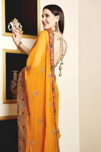 Enchanted Sparkle  Shimmer Chiffon Sarees (A) SAREE D14-Yellow