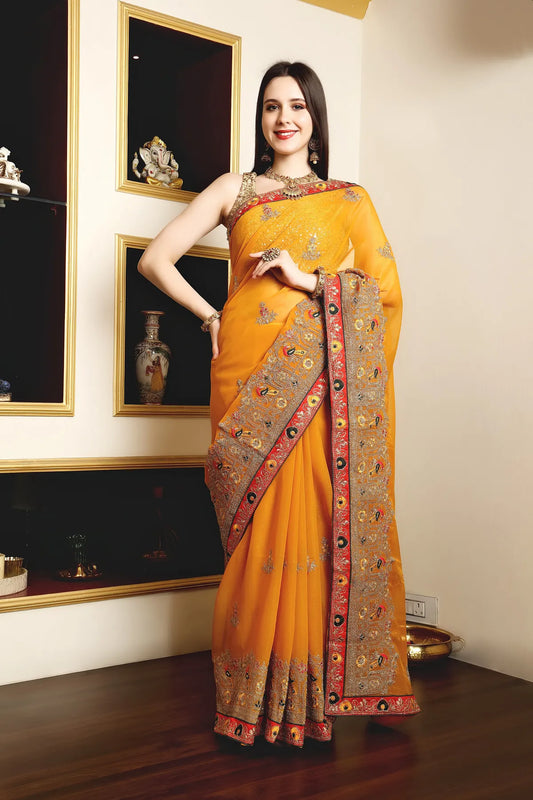 Enchanted Sparkle  Shimmer Chiffon Sarees (A) SAREE D14-Yellow