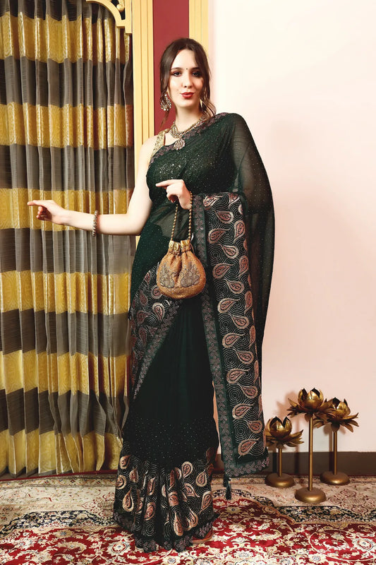 Enchanted Sparkle  Shimmer Chiffon Sarees (A) SAREE D15-Green