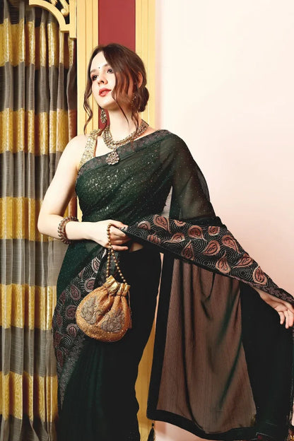Enchanted Sparkle  Shimmer Chiffon Sarees (A) SAREE D15-Green