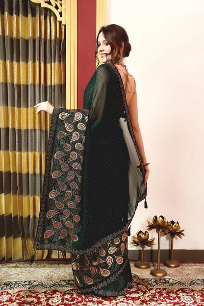 Enchanted Sparkle  Shimmer Chiffon Sarees (A) SAREE D15-Green