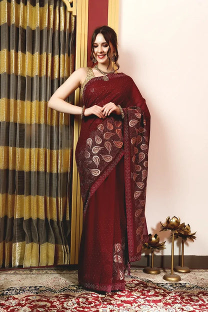 Enchanted Sparkle  Shimmer Chiffon Sarees (A) SAREE D15-Purple