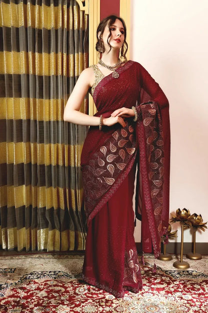 Enchanted Sparkle  Shimmer Chiffon Sarees (A) SAREE D15-Purple