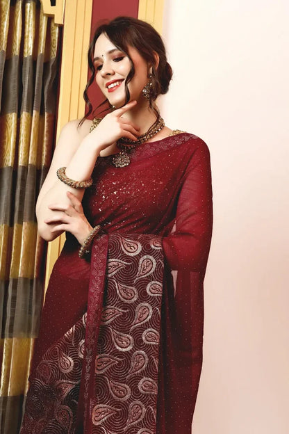 Enchanted Sparkle  Shimmer Chiffon Sarees (A) SAREE D15-Purple