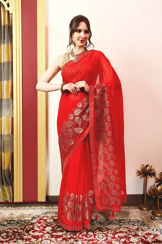 Enchanted Sparkle  Shimmer Chiffon Sarees (A) SAREE D15-Red