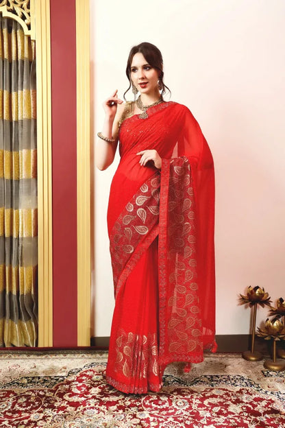 Enchanted Sparkle Shimmer Chiffon Sarees (A) SAREE D15-Red