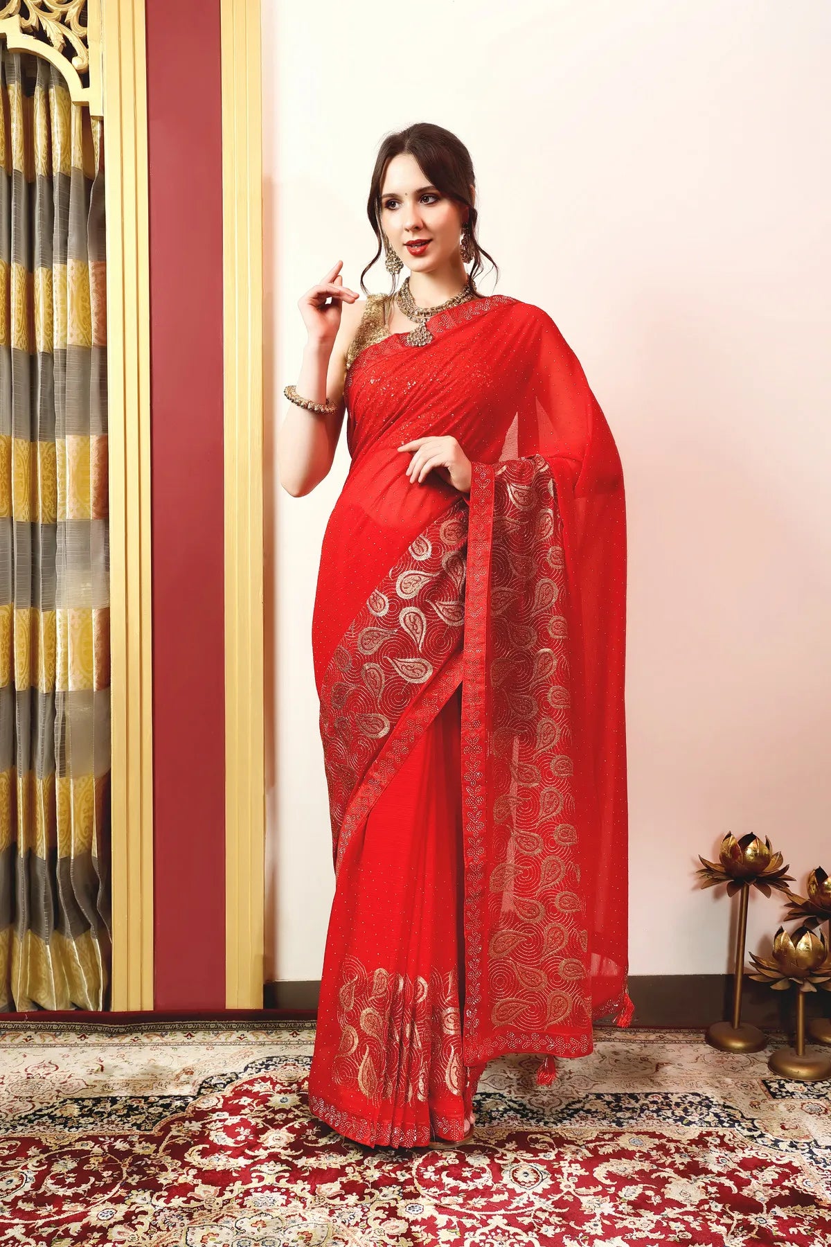 Enchanted Sparkle  Shimmer Chiffon Sarees (A) SAREE D15-Red