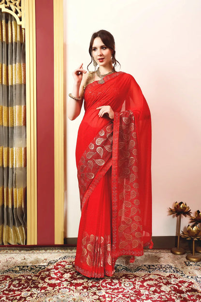 Enchanted Sparkle  Shimmer Chiffon Sarees (A) SAREE D15-Red