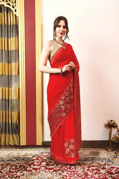 Enchanted Sparkle Shimmer Chiffon Sarees (A) SAREE D15-Red