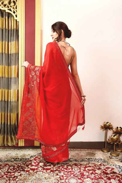 Enchanted Sparkle Shimmer Chiffon Sarees (A) SAREE D15-Red