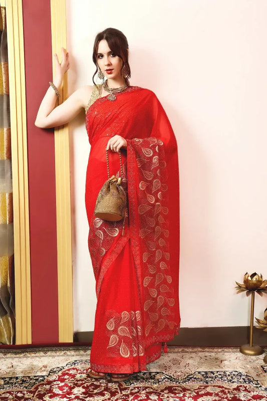 Enchanted Sparkle Shimmer Chiffon Sarees (A) SAREE D15-Red