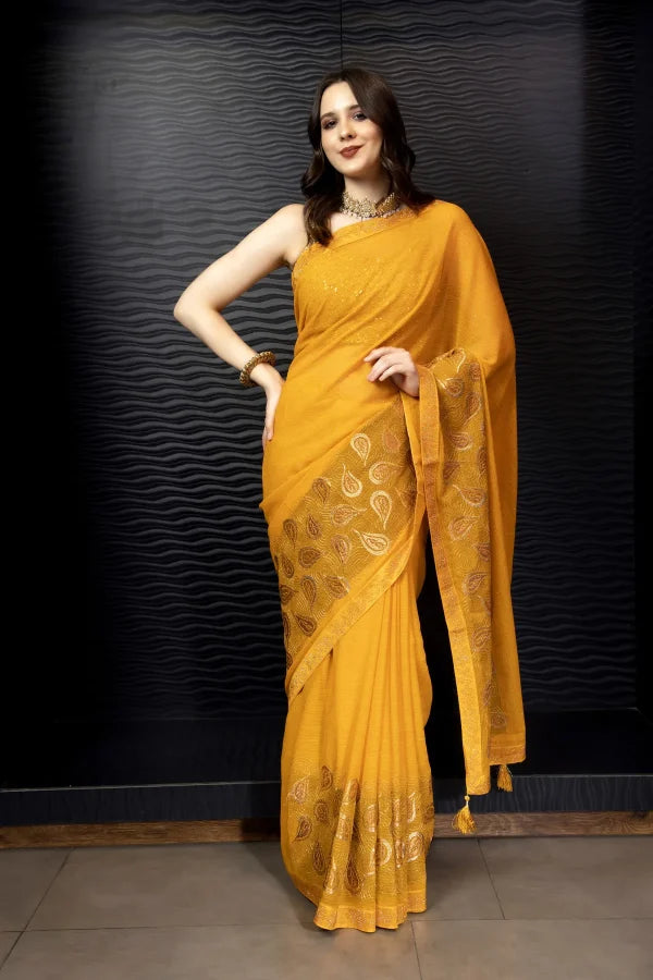Enchanted Sparkle  Shimmer Chiffon Sarees (A) SAREE D15-Yellow