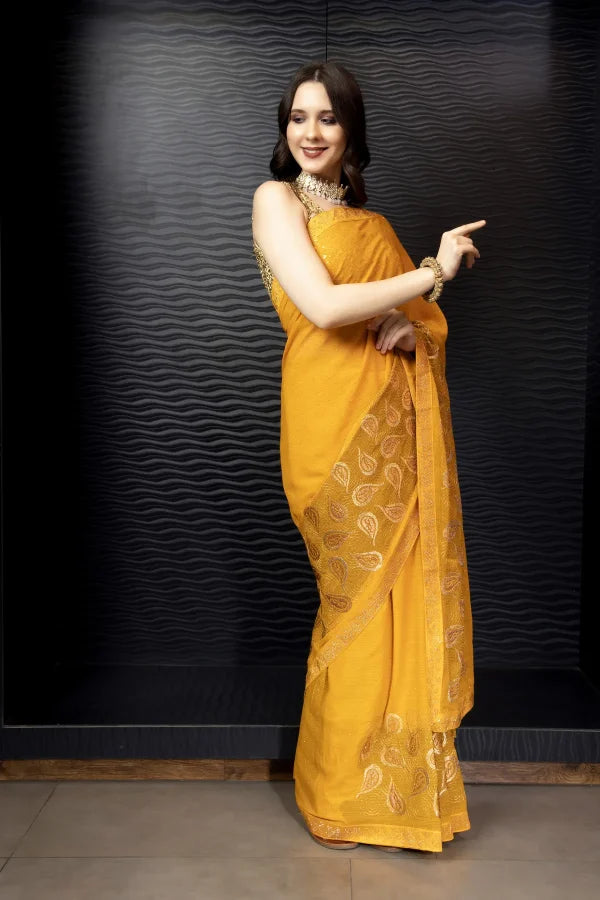 Enchanted Sparkle  Shimmer Chiffon Sarees (A) SAREE D15-Yellow