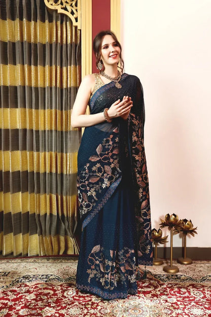 Enchanted Sparkle  Shimmer Chiffon Sarees A-SAREE D16-BLUE