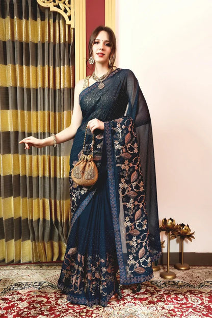 Enchanted Sparkle  Shimmer Chiffon Sarees A-SAREE D16-BLUE