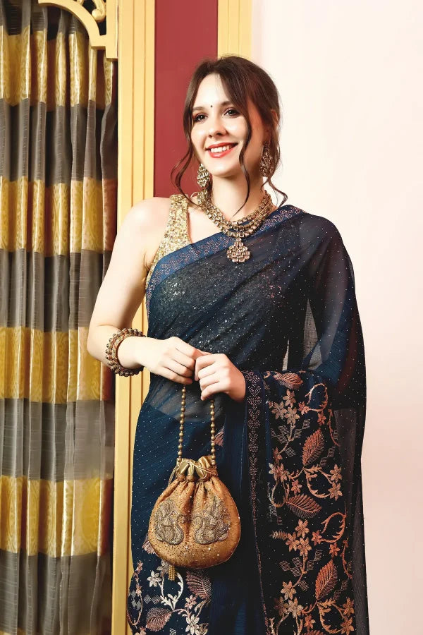 Enchanted Sparkle  Shimmer Chiffon Sarees A-SAREE D16-BLUE