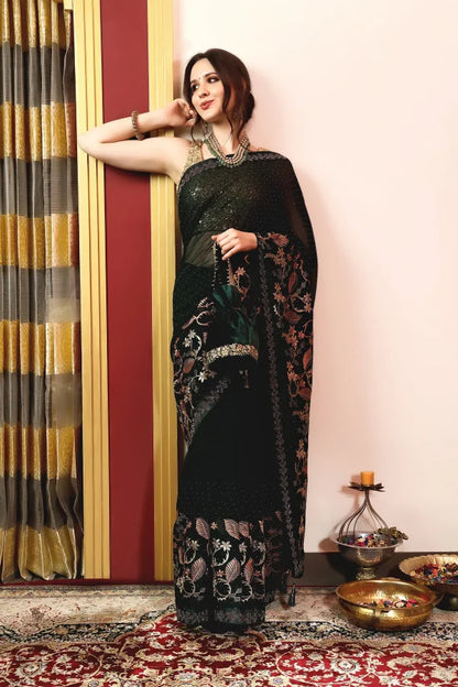 Enchanted Sparkle  Shimmer Chiffon Sarees A-SAREE D16-Green