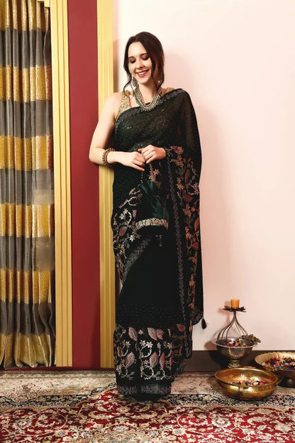 Enchanted Sparkle  Shimmer Chiffon Sarees A-SAREE D16-Green