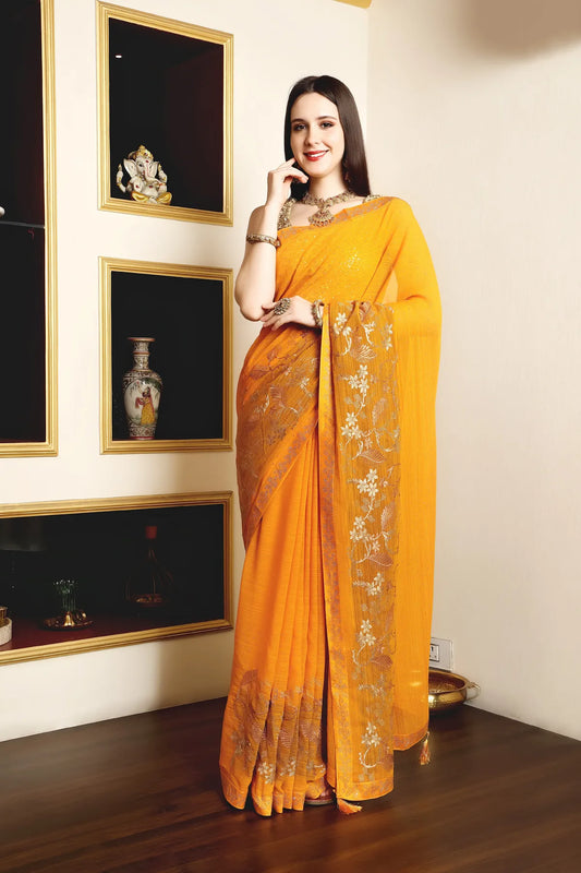 Enchanted Sparkle  Shimmer Chiffon Sarees A-SAREE D16-Yellow
