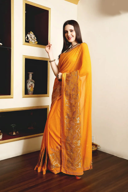 Enchanted Sparkle  Shimmer Chiffon Sarees A-SAREE D16-Yellow