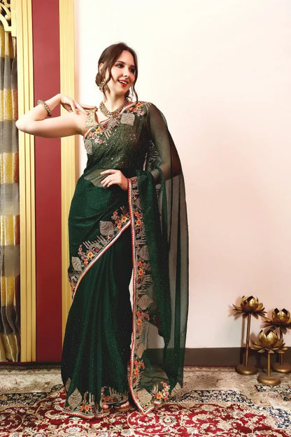 Enchanted Sparkle Shimmer Chiffon Sarees -A-SAREE D18-Green