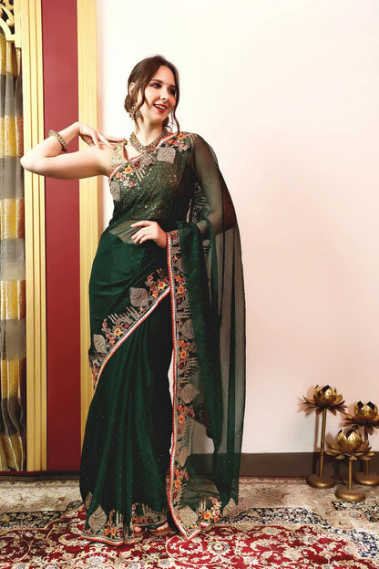 Enchanted Sparkle  Shimmer Chiffon Sarees -A-SAREE D18-Green