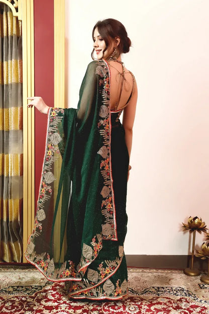 Enchanted Sparkle Shimmer Chiffon Sarees -A-SAREE D18-Green