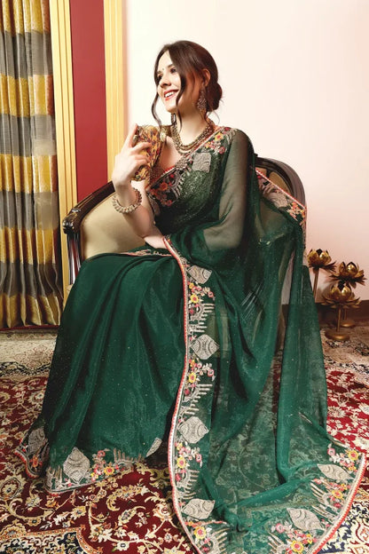 Enchanted Sparkle Shimmer Chiffon Sarees -A-SAREE D18-Green