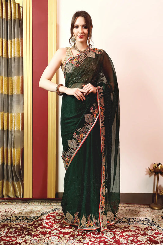 Enchanted Sparkle  Shimmer Chiffon Sarees -A-SAREE D18-Green