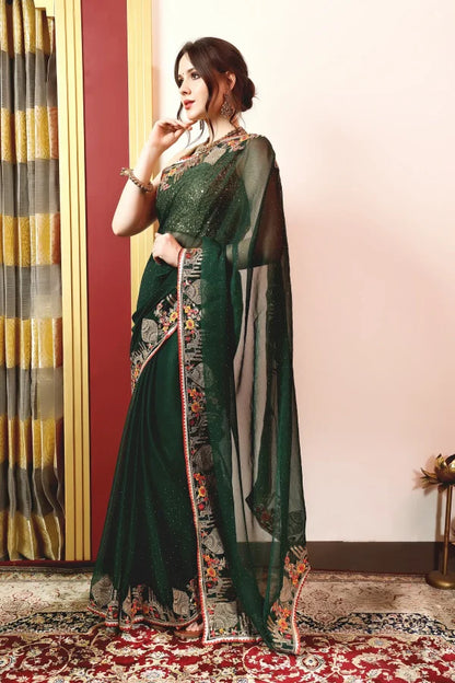 Enchanted Sparkle Shimmer Chiffon Sarees -A-SAREE D18-Green