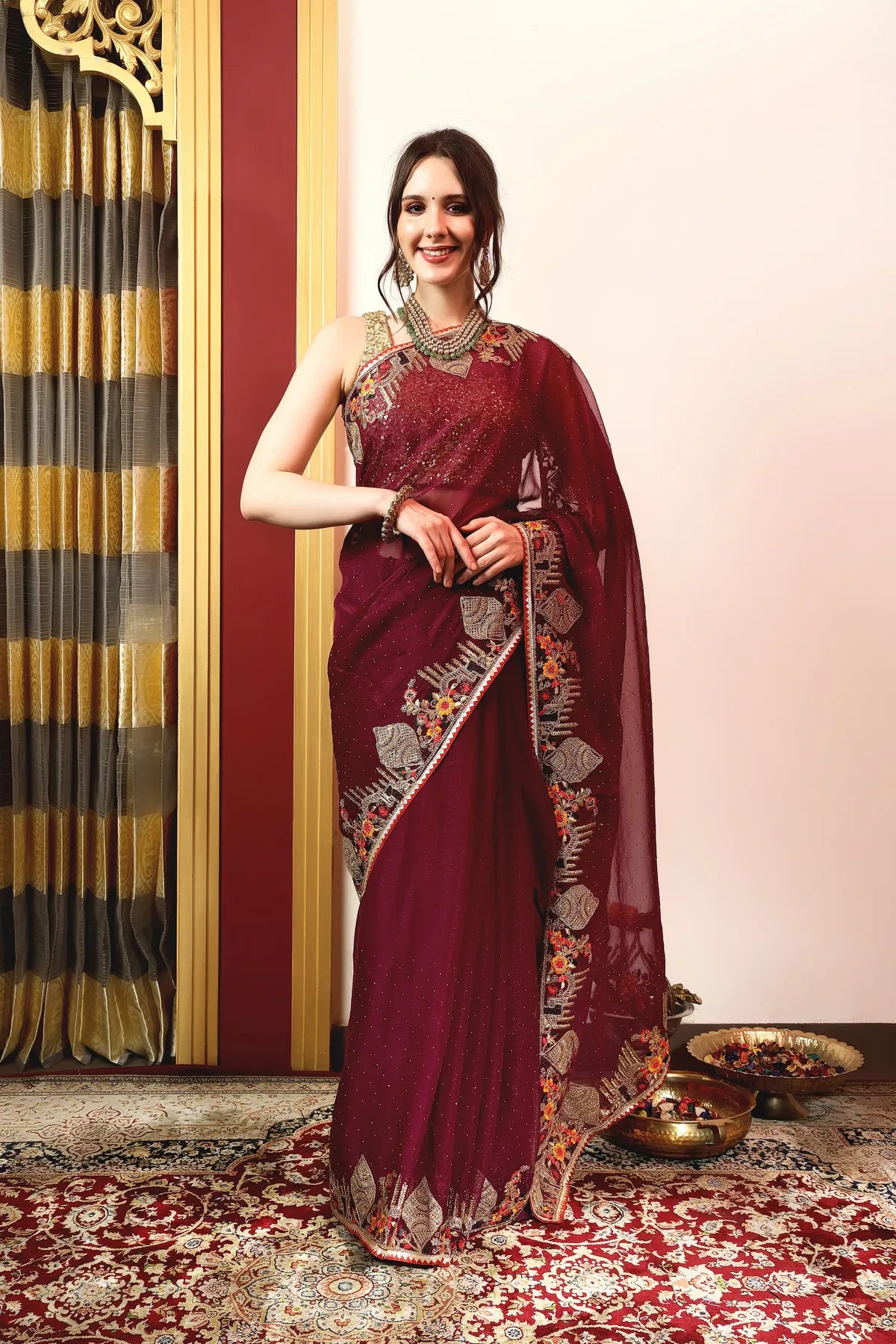 Enchanted Sparkle  Shimmer Chiffon Sarees -A-SAREE D18-Purple