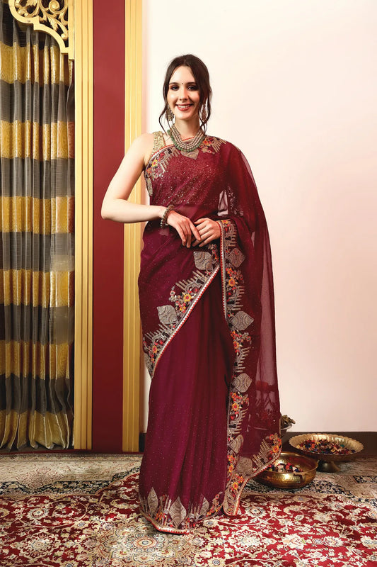 Enchanted Sparkle  Shimmer Chiffon Sarees -A-SAREE D18-Purple