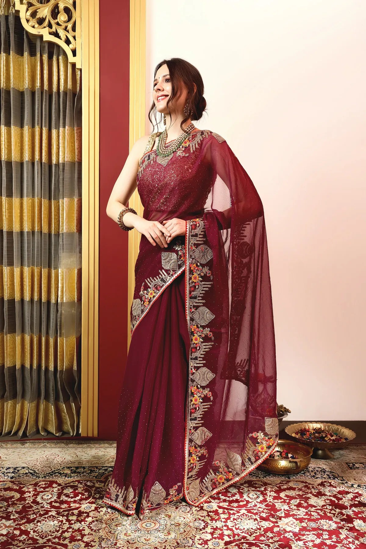Enchanted Sparkle  Shimmer Chiffon Sarees -A-SAREE D18-Purple