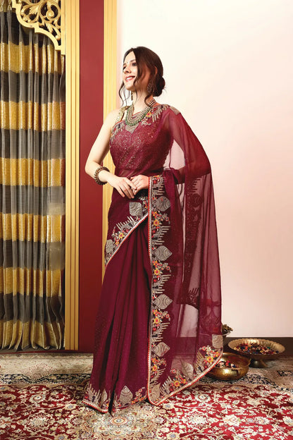 Enchanted Sparkle  Shimmer Chiffon Sarees -A-SAREE D18-Purple