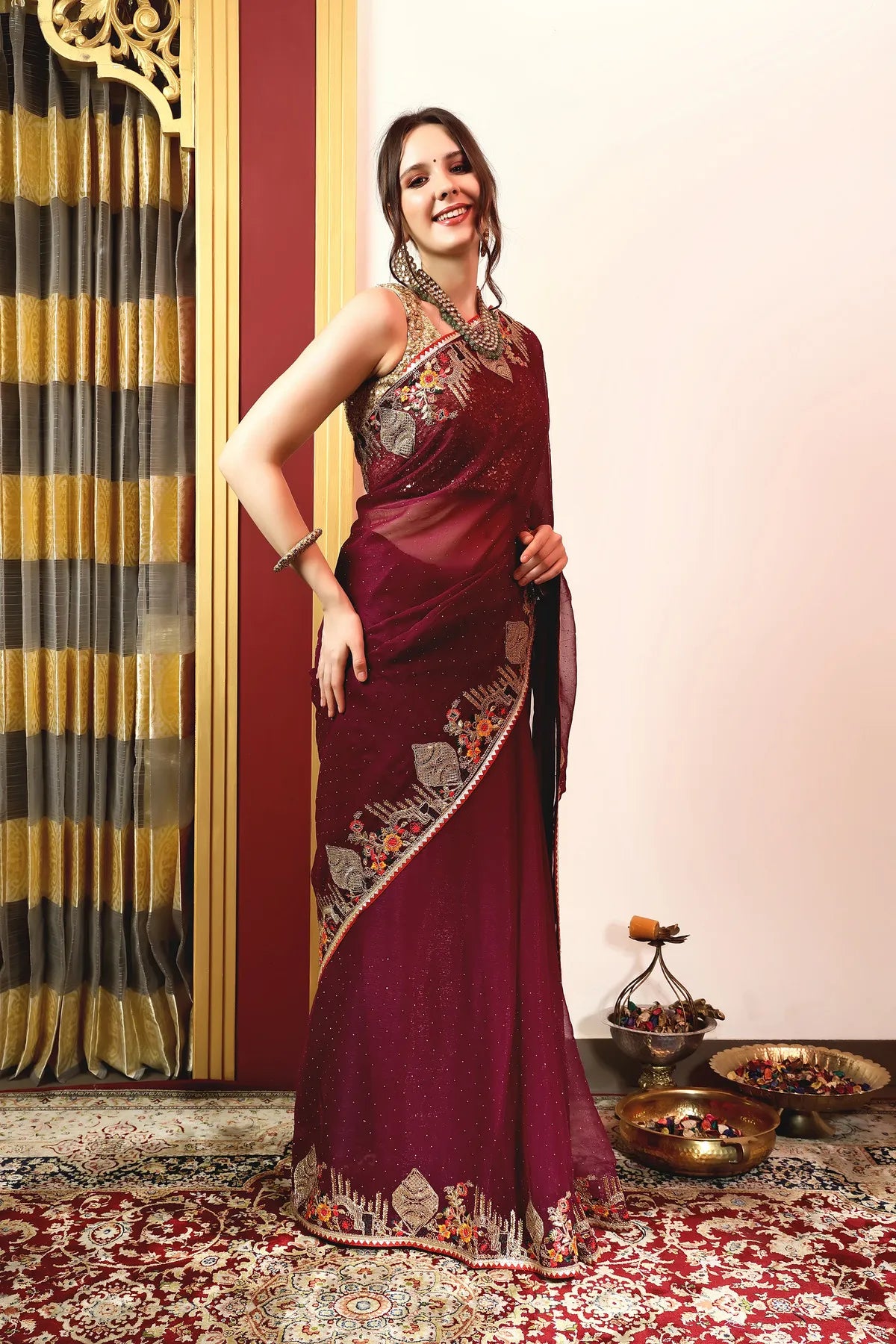 Enchanted Sparkle  Shimmer Chiffon Sarees -A-SAREE D18-Purple